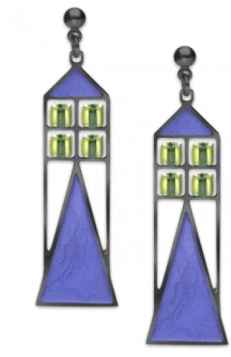 Earrings - Babson Window - Pale Green Bead with Twilight Blue Enamel