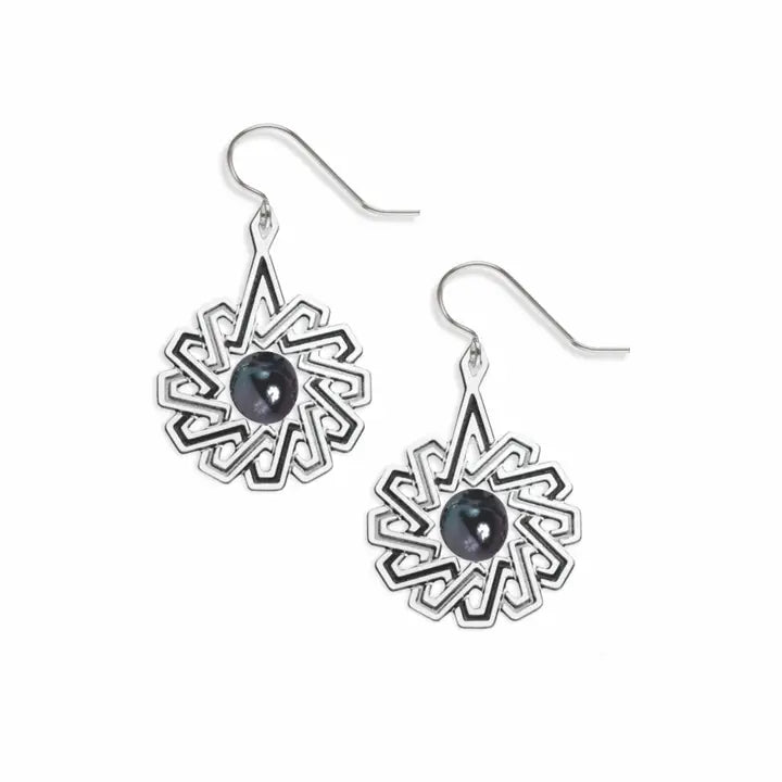 Pair of silver earrings with black gemstones on a white background