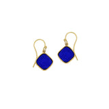 Gold earrings with blue square stones on a white background