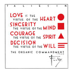 A print of Frank Lloyd Wright's Organic Commandments, featuring text and geometric shapes on a white background.