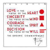A print of Frank Lloyd Wright's Organic Commandments, featuring text and geometric shapes on a white background.