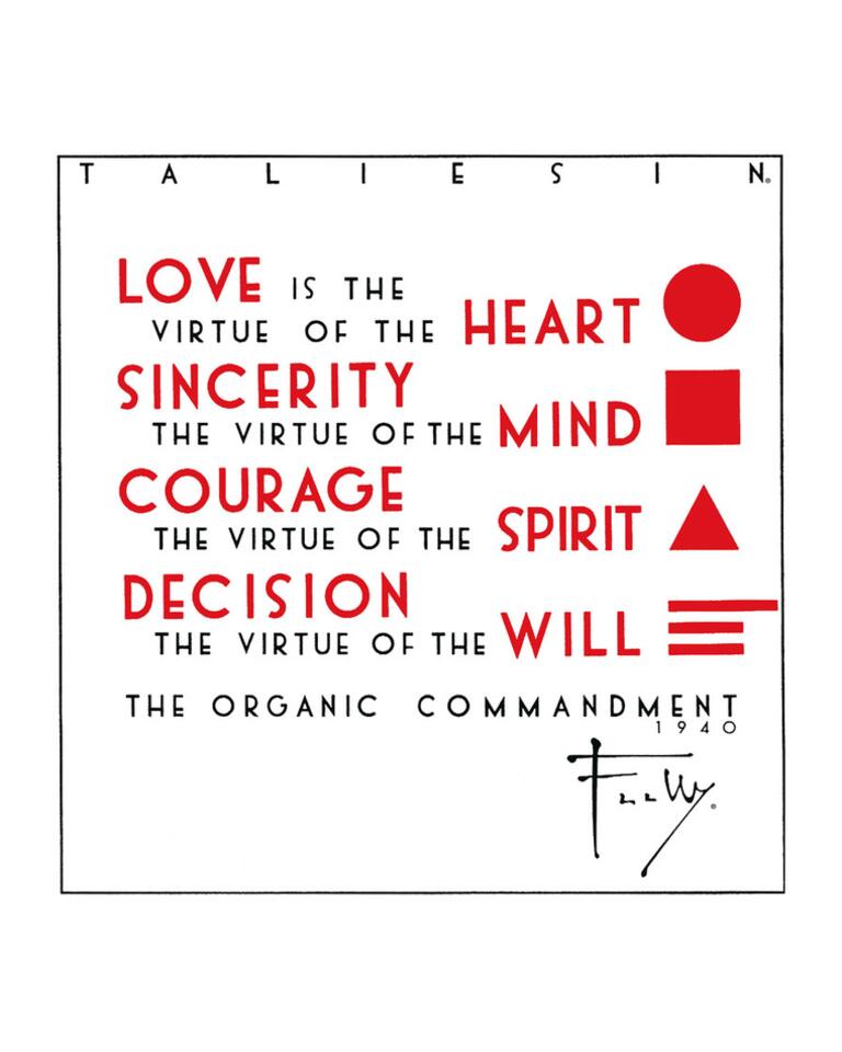 A print of Frank Lloyd Wright's Organic Commandments, featuring text and geometric shapes on a white background.