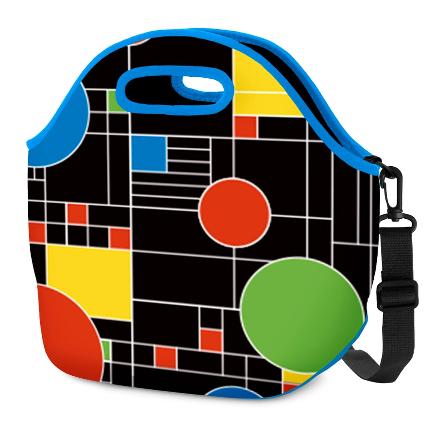 Colorful geometric patterned bag with a strap on a white background