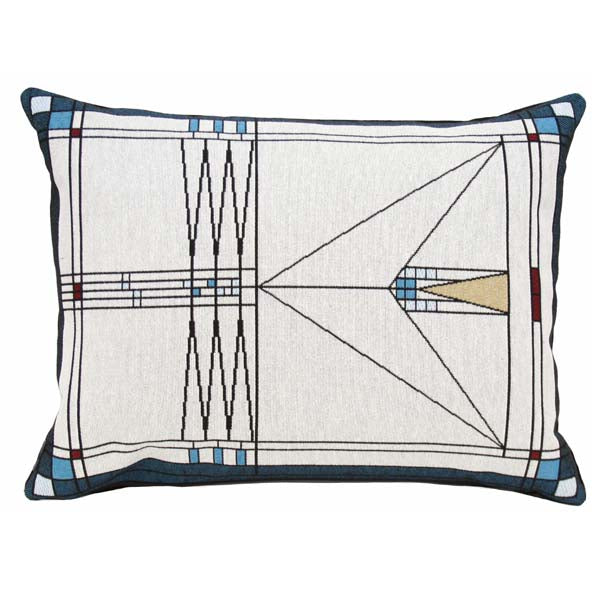 A rectangular lumbar pillow with a geometric pattern inspired by the Henry Babson House.
