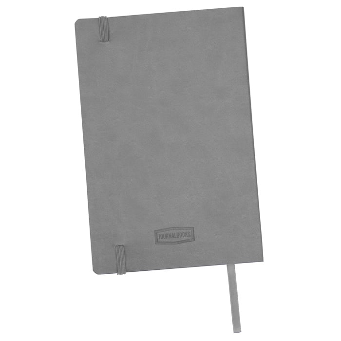 Gray notebook with a visible brand logo on a white background
