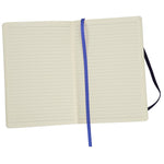 A soft bound journal with a white cover, lined paper, an elastic closure, a ribbon page marker and a document pocket inside the back cover.