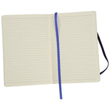 A soft bound journal with a white cover, lined paper, an elastic closure, a ribbon page marker and a document pocket inside the back cover.