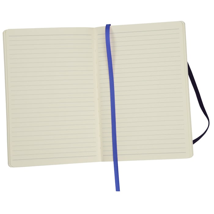 A soft bound journal with a white cover, lined paper, an elastic closure, a ribbon page marker and a document pocket inside the back cover.