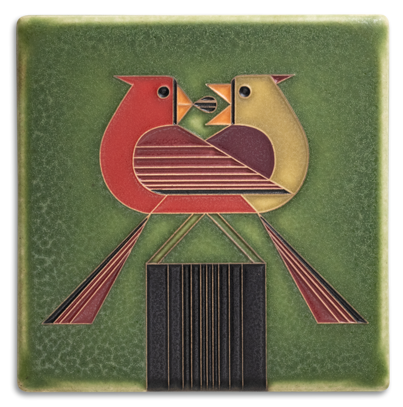 Redbird Romance - Green Tile - 6" x 6"