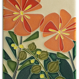 A rectangular ceramic tile with a floral pattern featuring orange and red flowers and green leaves.