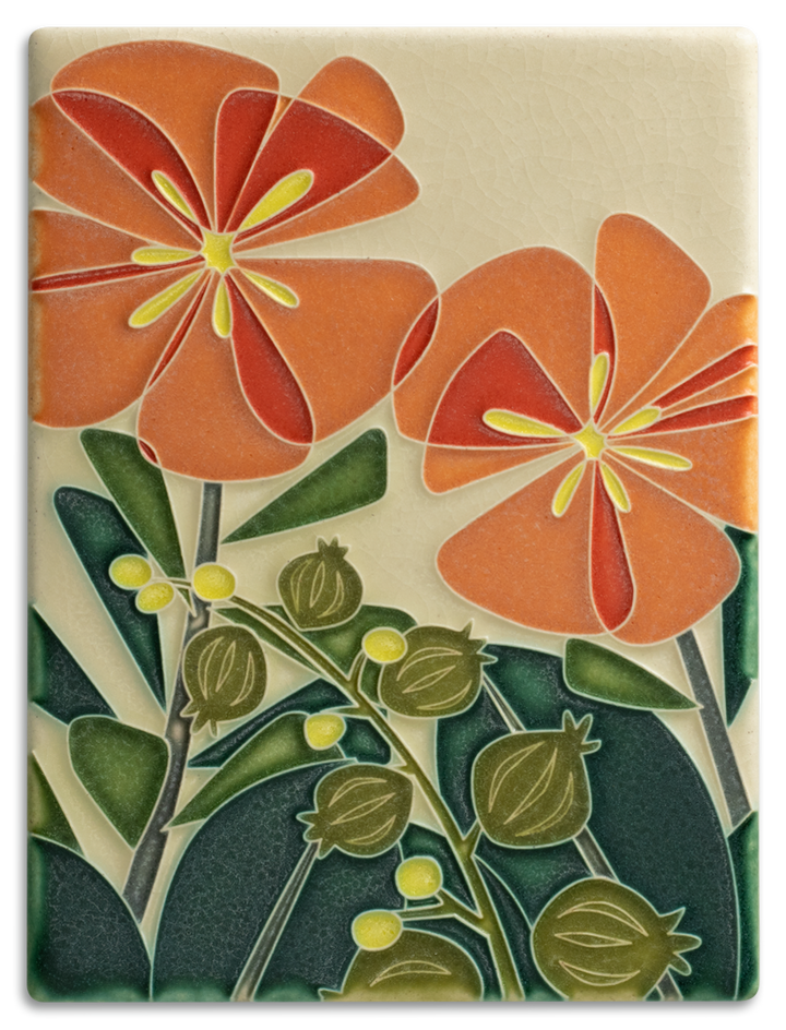 A rectangular ceramic tile with a floral pattern featuring orange and red flowers and green leaves.
