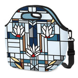 Bag with stained glass design featuring flowers and geometric patterns on a white background