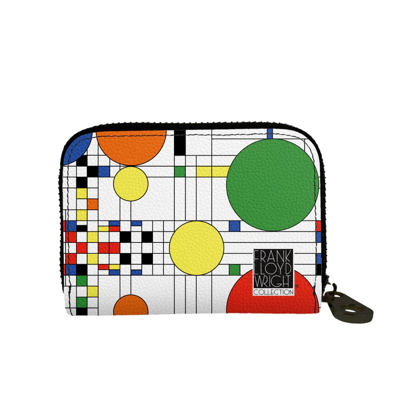 Colorful pouch with geometric design and 'Frank Lloyd Wright Collection' text on a white background