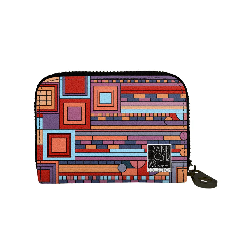 Colorful geometric patterned pouch with 'Frank Lloyd Wright' branding on a white background
