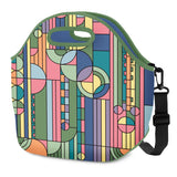 Colorful geometric patterned bag with a strap on a white background