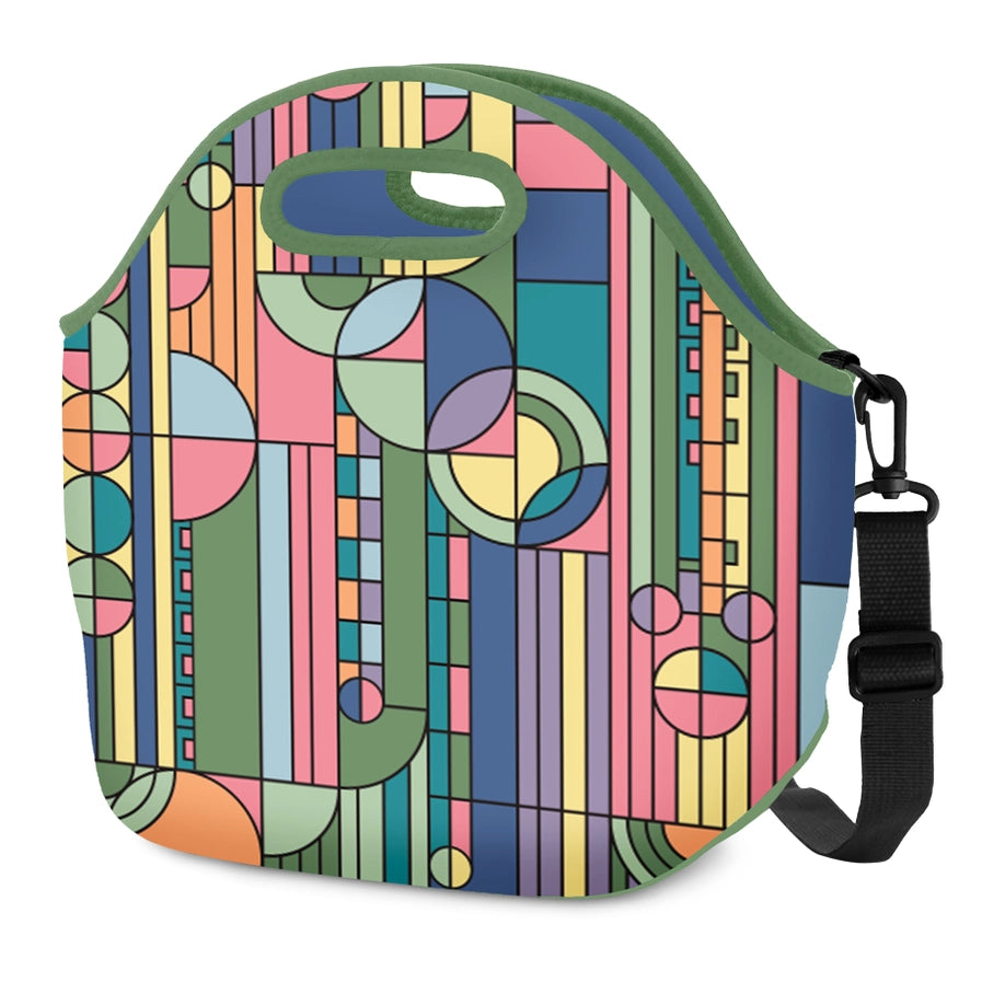 Colorful geometric patterned bag with a strap on a white background