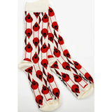 White socks with red and black pattern