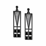 A pair of silver and black earrings with a geometric design, inspired by Frank Lloyd Wright's light screens from the Frank Thomas House.