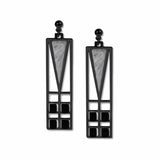 A pair of silver and black earrings with a geometric design, inspired by Frank Lloyd Wright's light screens from the Frank Thomas House.