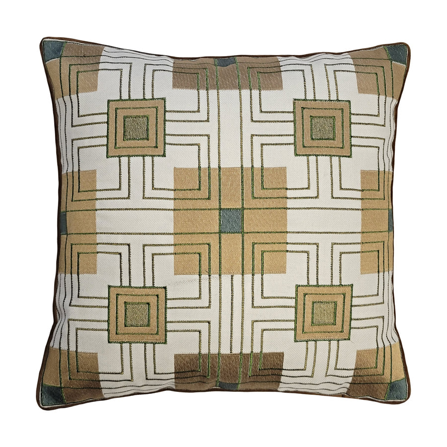DS Storer House Block Embroidered  18" x 18" Olive/Teal Pillow.