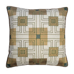 A square-shaped decorative pillow with a geometric pattern in beige, olive, and teal colors, featuring a design inspired by Frank Lloyd Wright's Storer House block embroidery.
