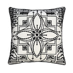 A square-shaped outdoor pillow with a geometric pattern featuring black and white colors and embroidered details.