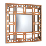 Square mirror with geometric wooden frame on a white background