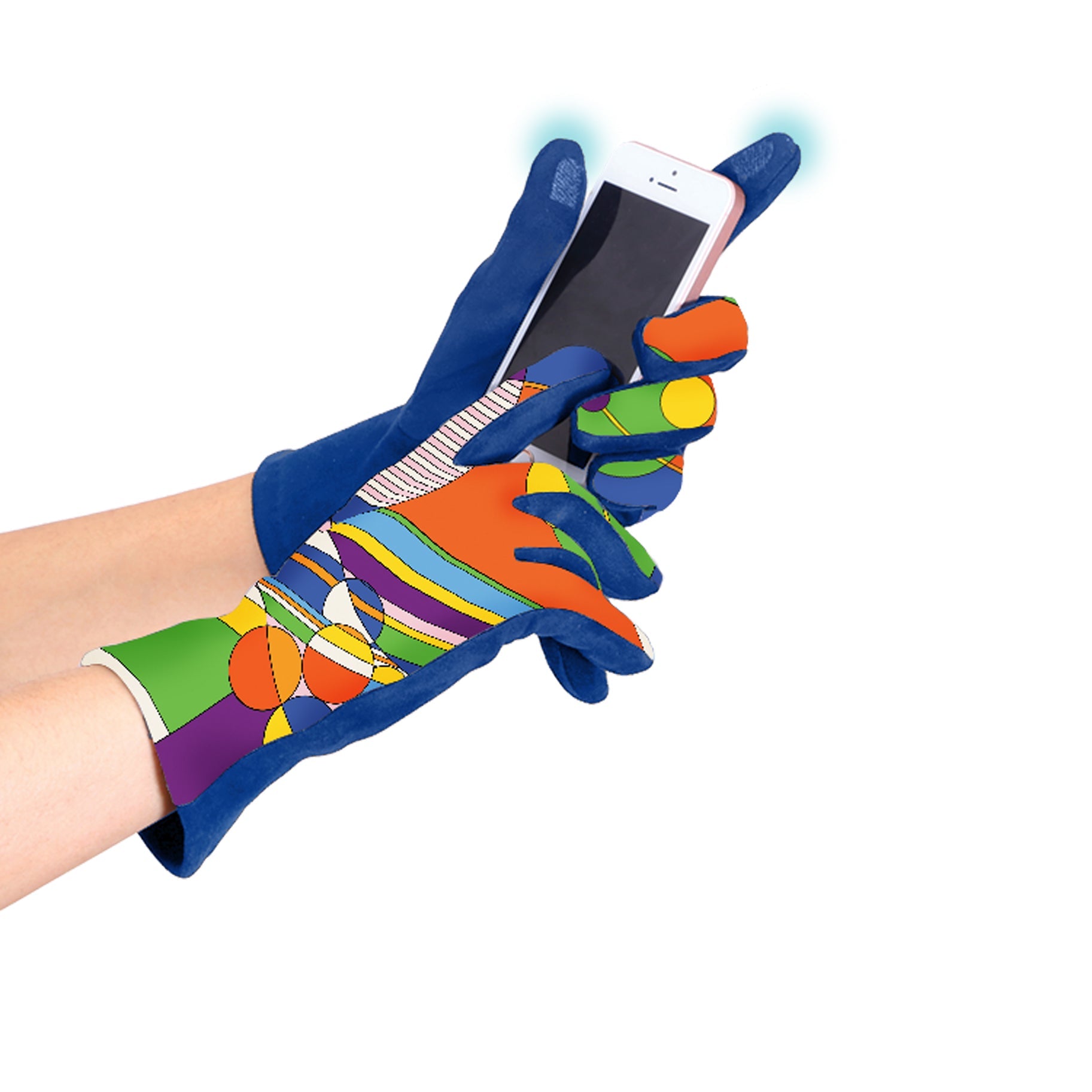 A person wearing a glove with a colorful geometric pattern, displaying the March Balloons artwork, and using a smartphone.