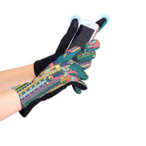 A person wearing black gloves with a colorful geometric pattern based on Frank Lloyd Wright's Saguaro Forms design, holding a smartphone.