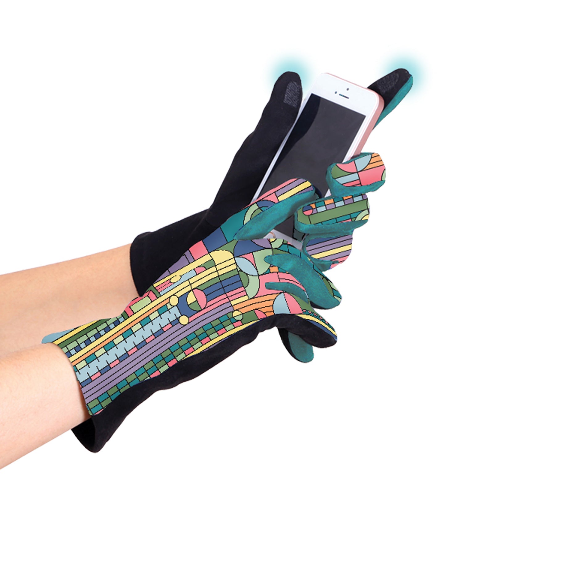 A person wearing black gloves with a colorful geometric pattern based on Frank Lloyd Wright's Saguaro Forms design, holding a smartphone.