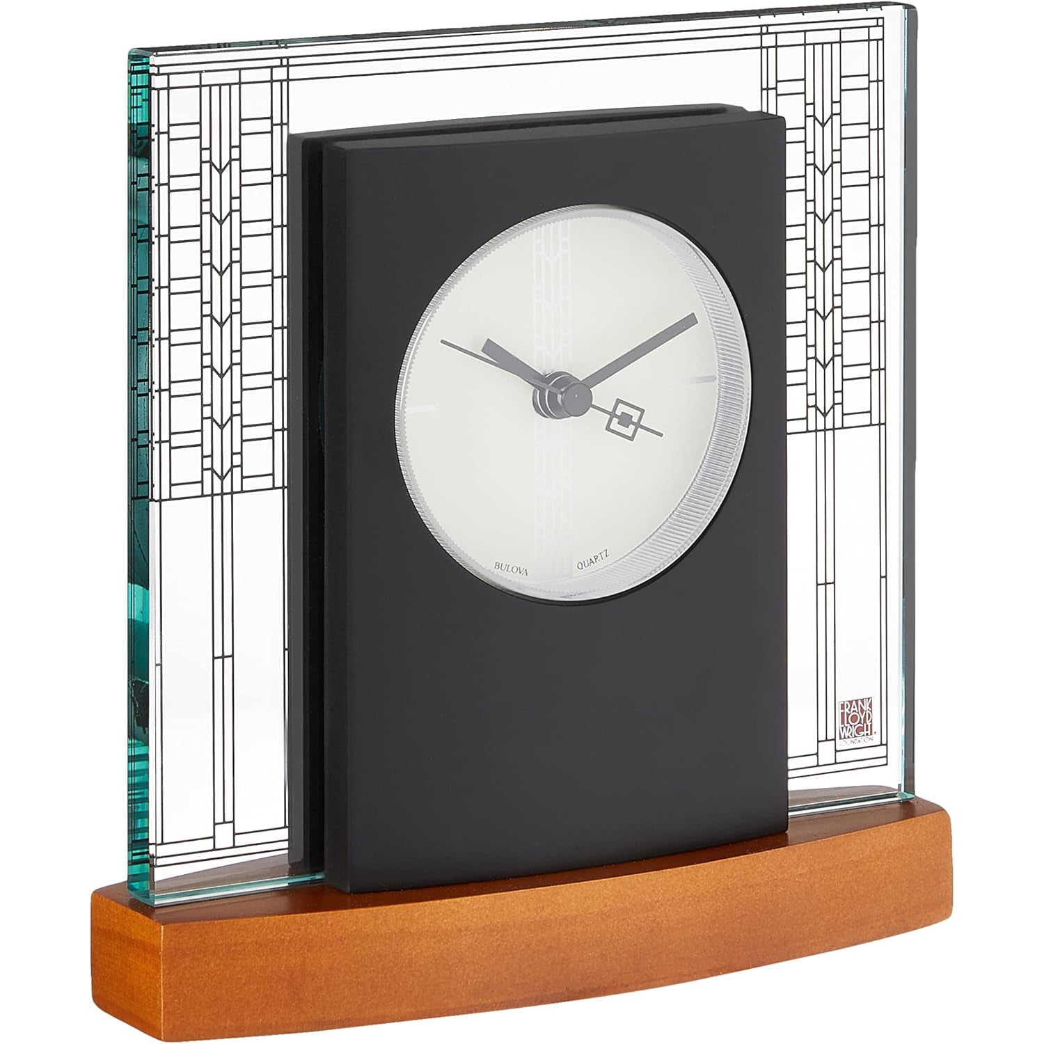 Decorative clock with a black face and wooden base on a white background