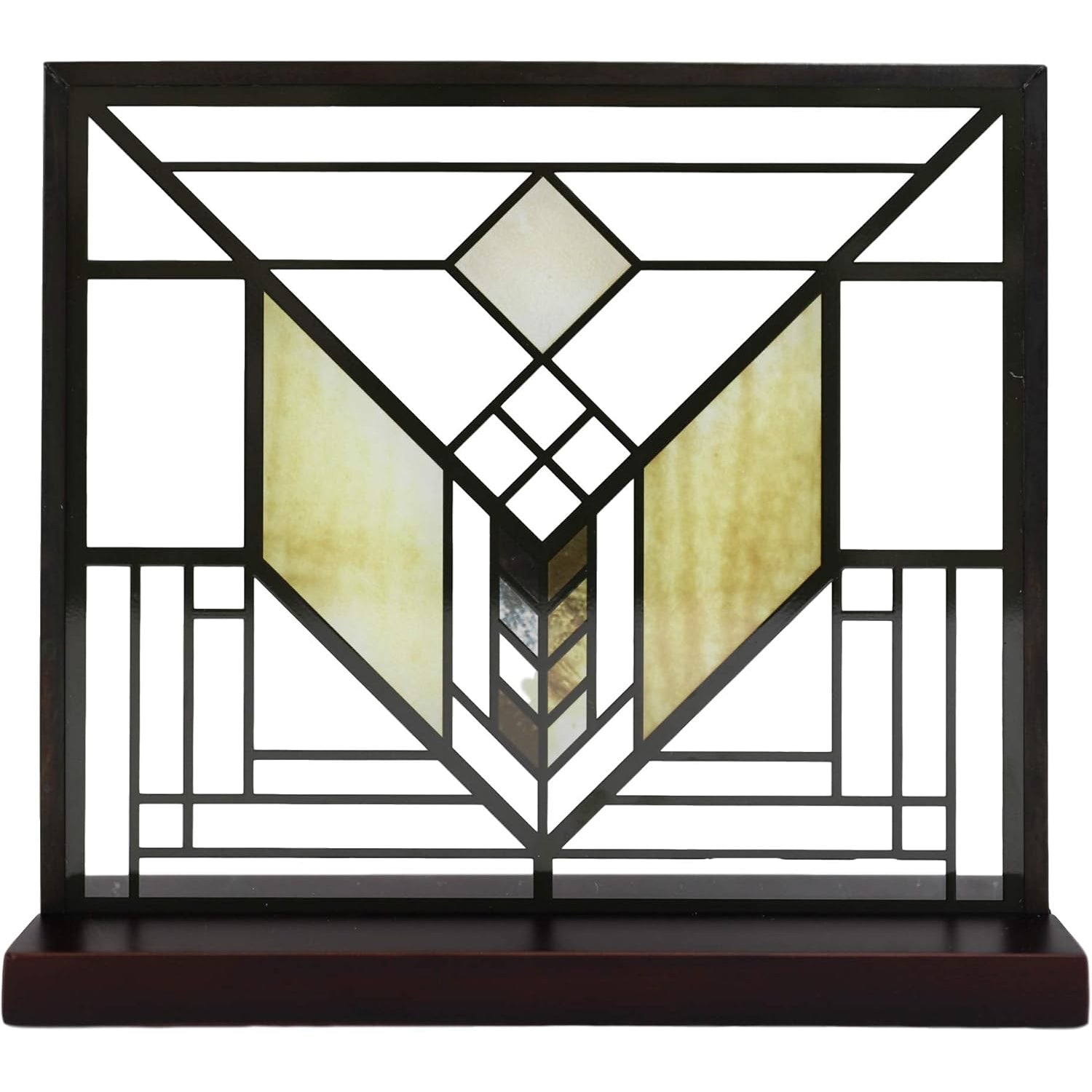 Decorative stained glass panel with geometric design on a black frame