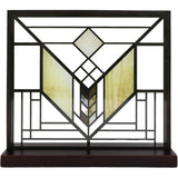 Decorative stained glass panel with geometric design on a black frame