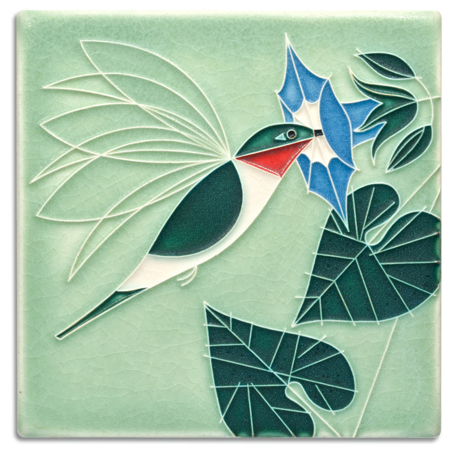 Decorative tile with a stylized bird and leaves on a light green background