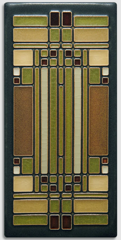 Decorative rectangular tile with geometric pattern on a dark background
