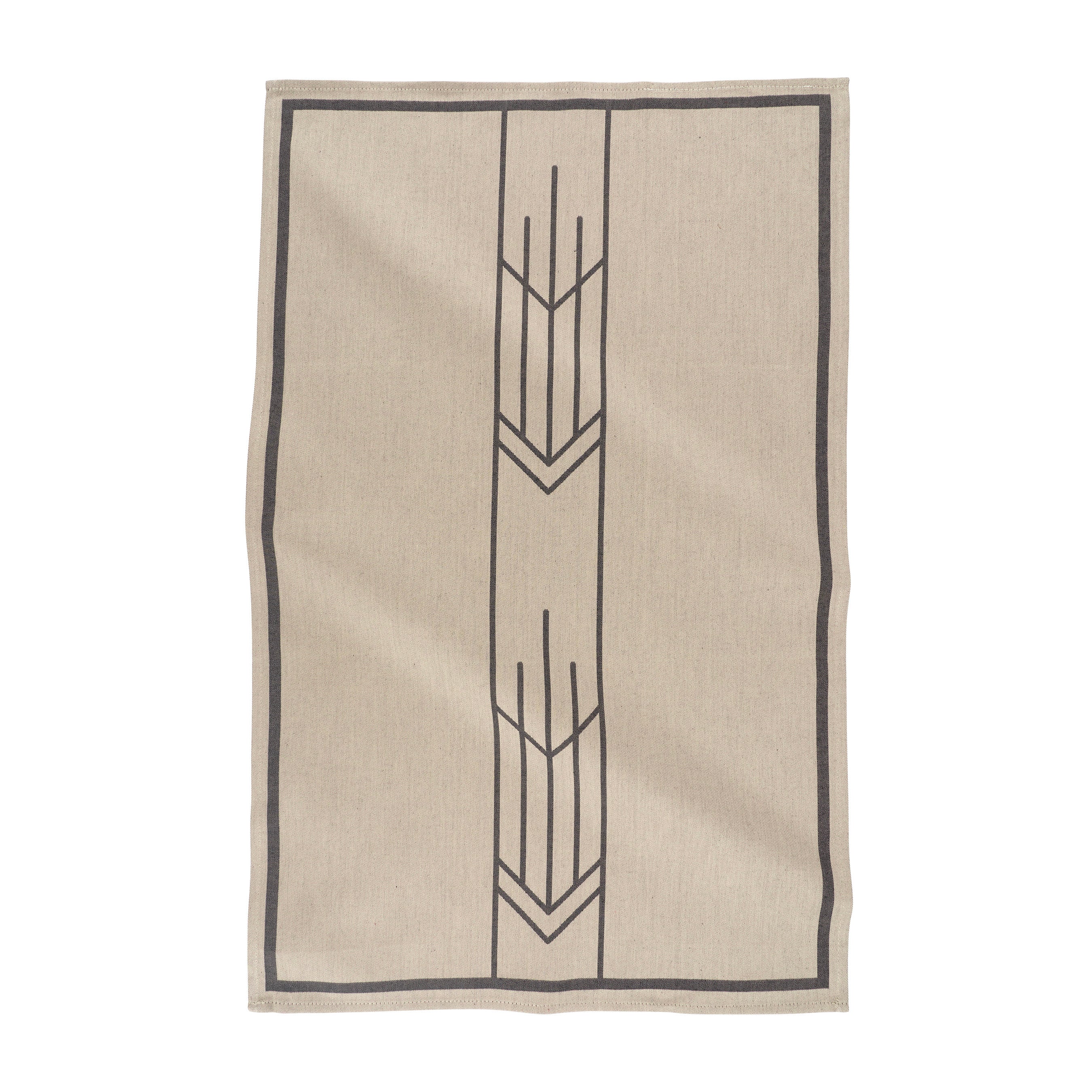 A beige and black jacquard tea towel with a geometric arrow design, laid flat.