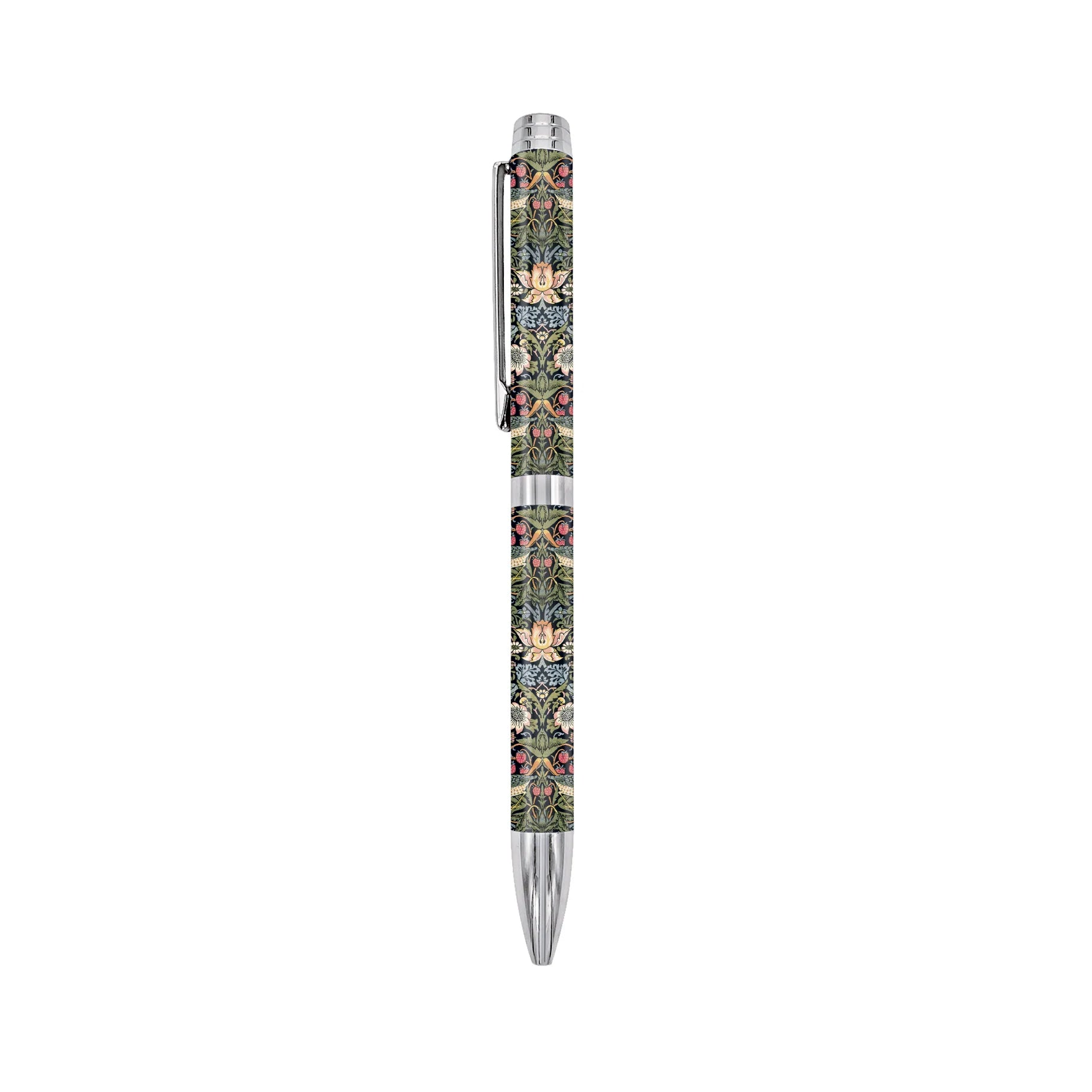Ballpoint pen features bright and colorful wraparound artwork, based on William Morris's Strawberry Thief
