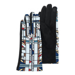 Black gloves with stained glass pattern on a white background