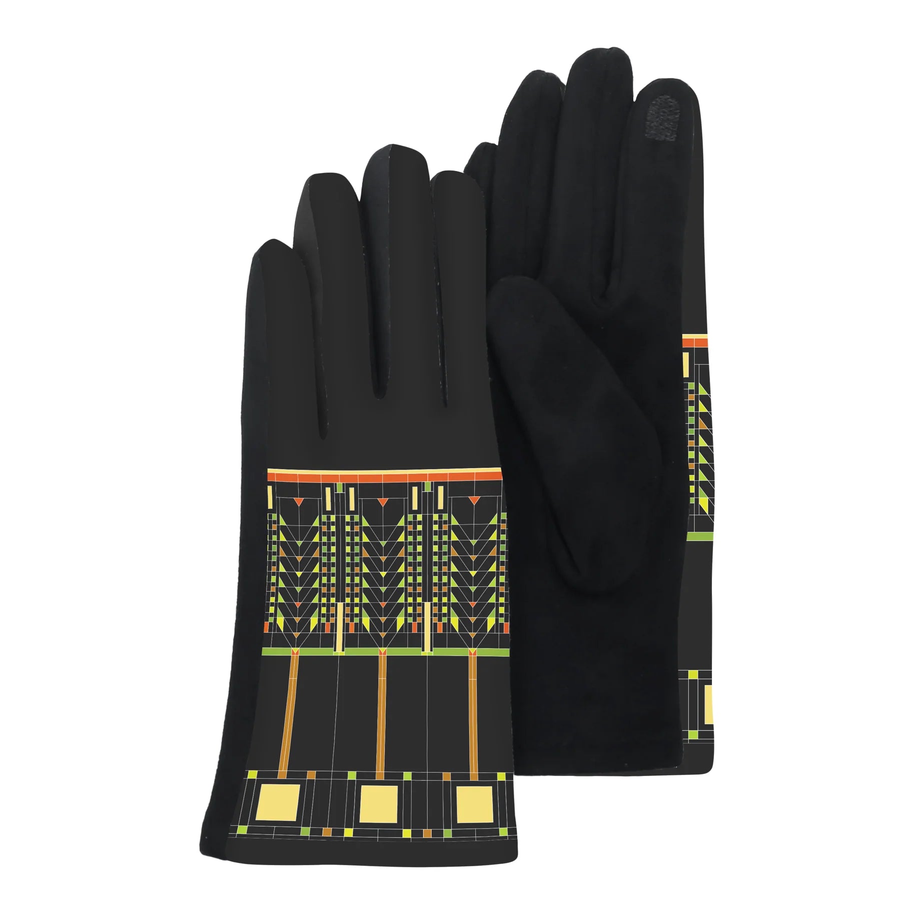 Black gloves with geometric pattern on a white background