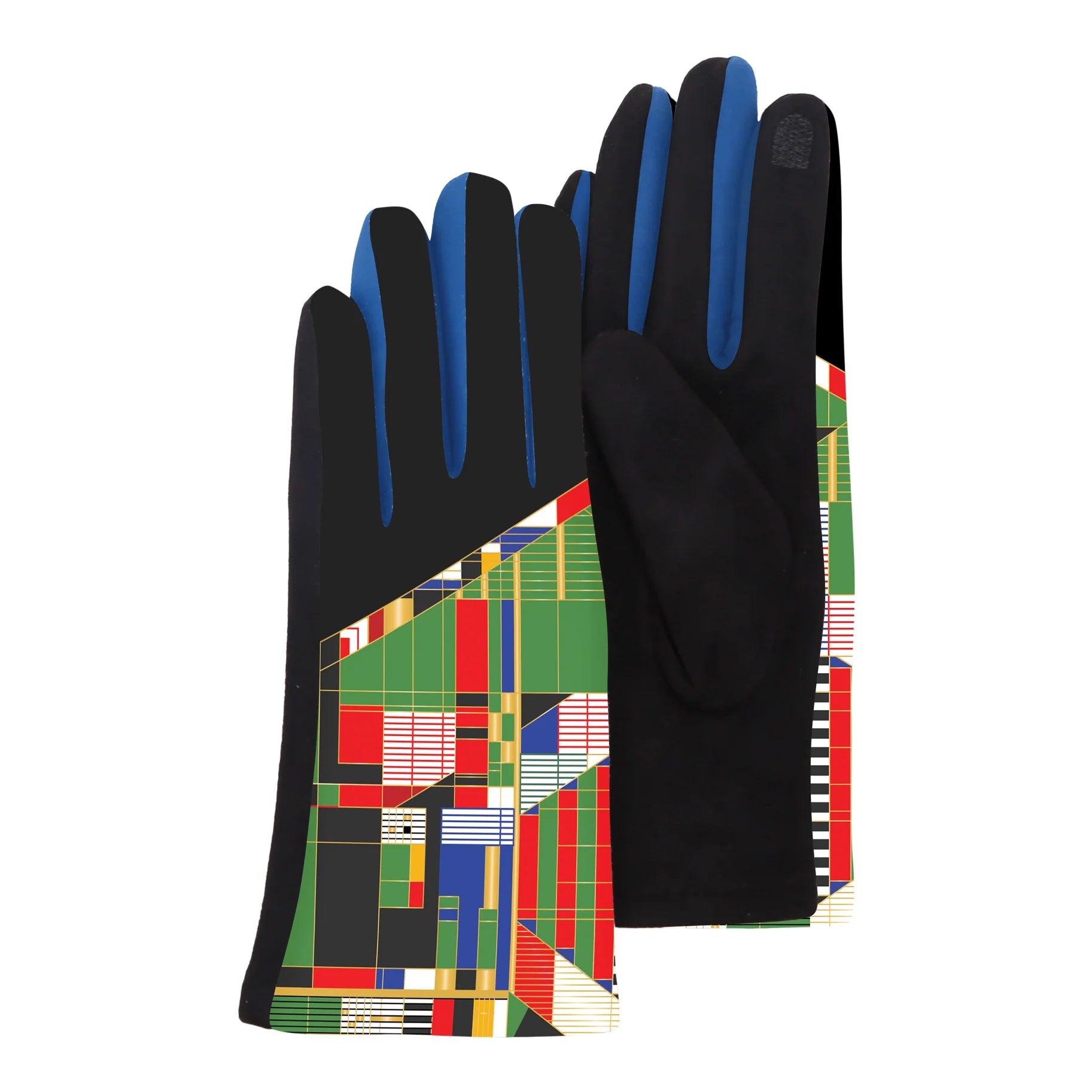 Black gloves with colorful geometric pattern on a white background