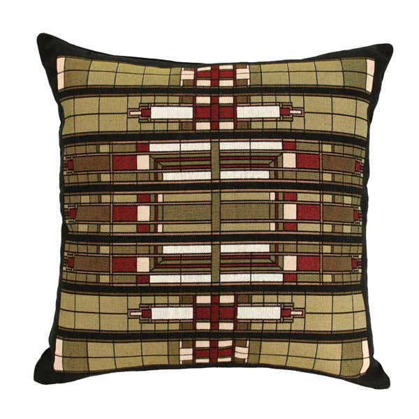 A square-shaped decorative pillow with a geometric pattern featuring stripes and abstract designs in beige, brown, and black colors.
