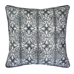 Decorative pillow with black geometric pattern on a white background