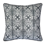 Decorative pillow with black geometric pattern on a white background