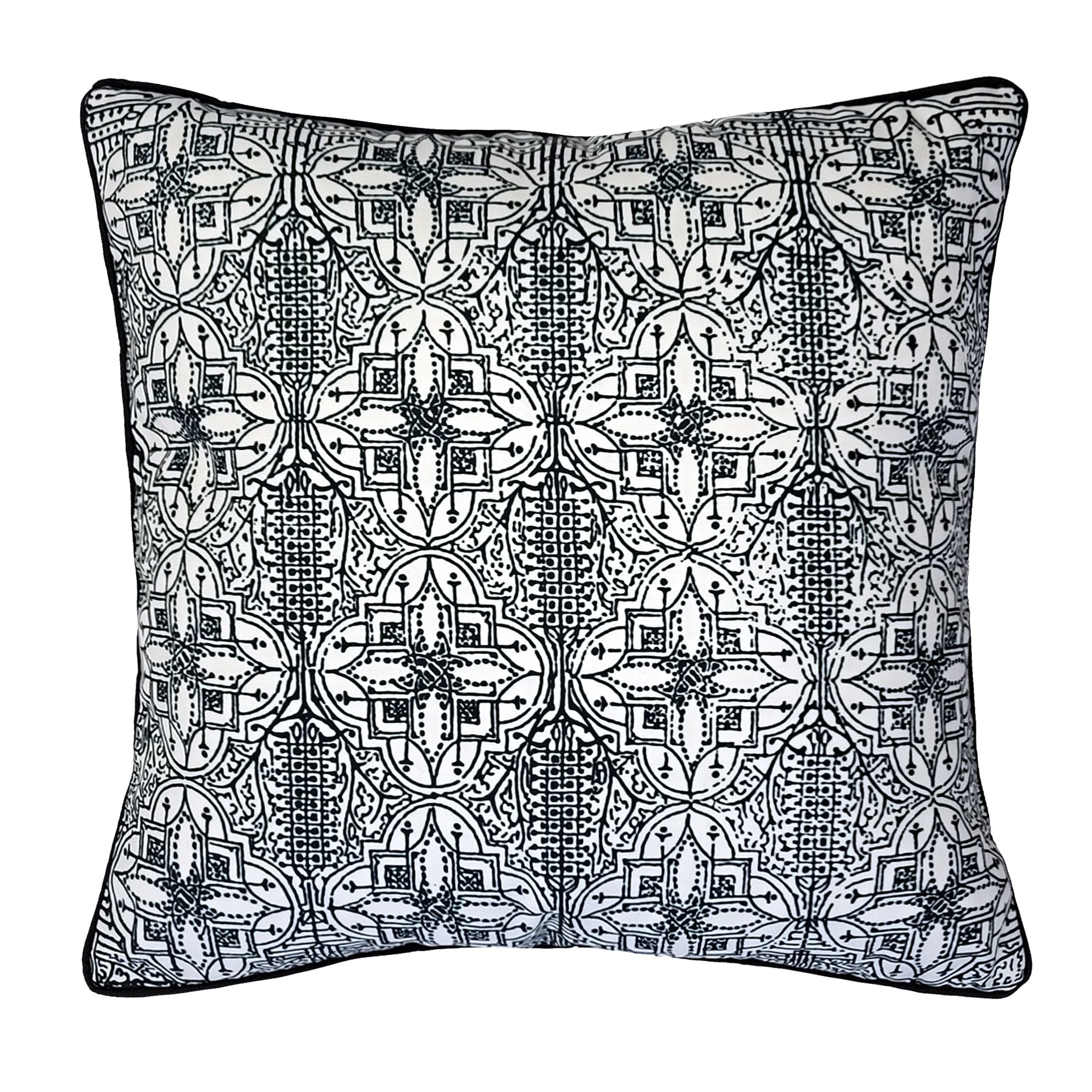 Decorative pillow with black geometric pattern on a white background