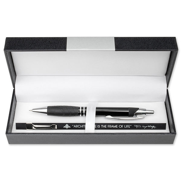 Black pen in a gift box with text on a white background