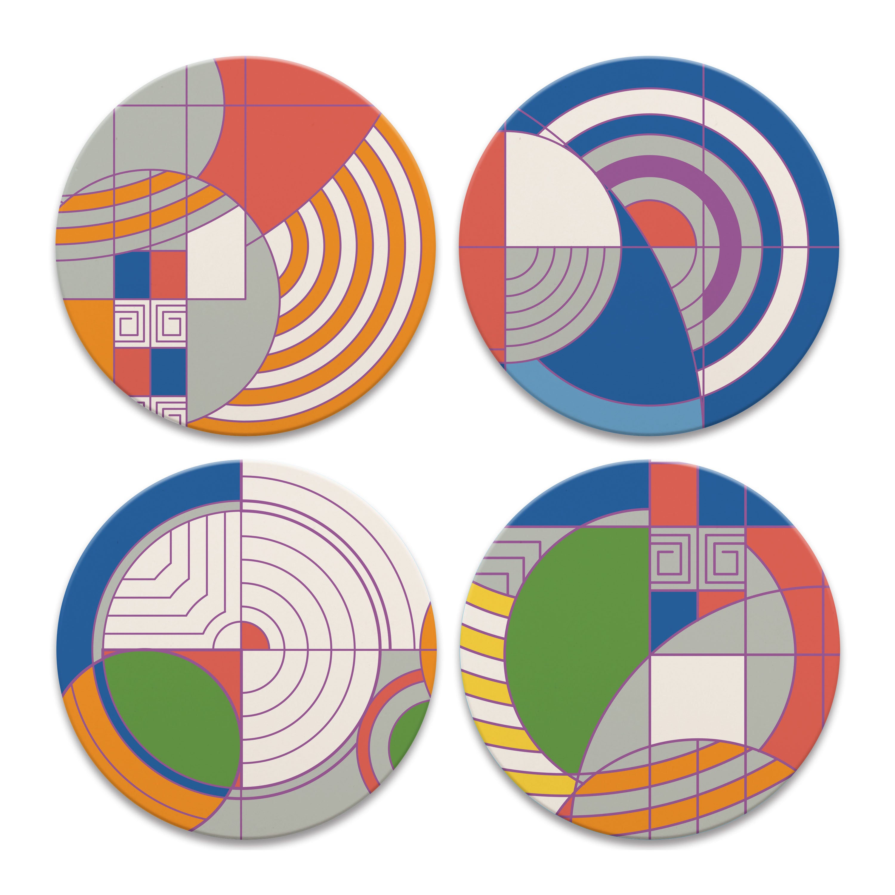Four circular coasters with geometric patterns on a white background