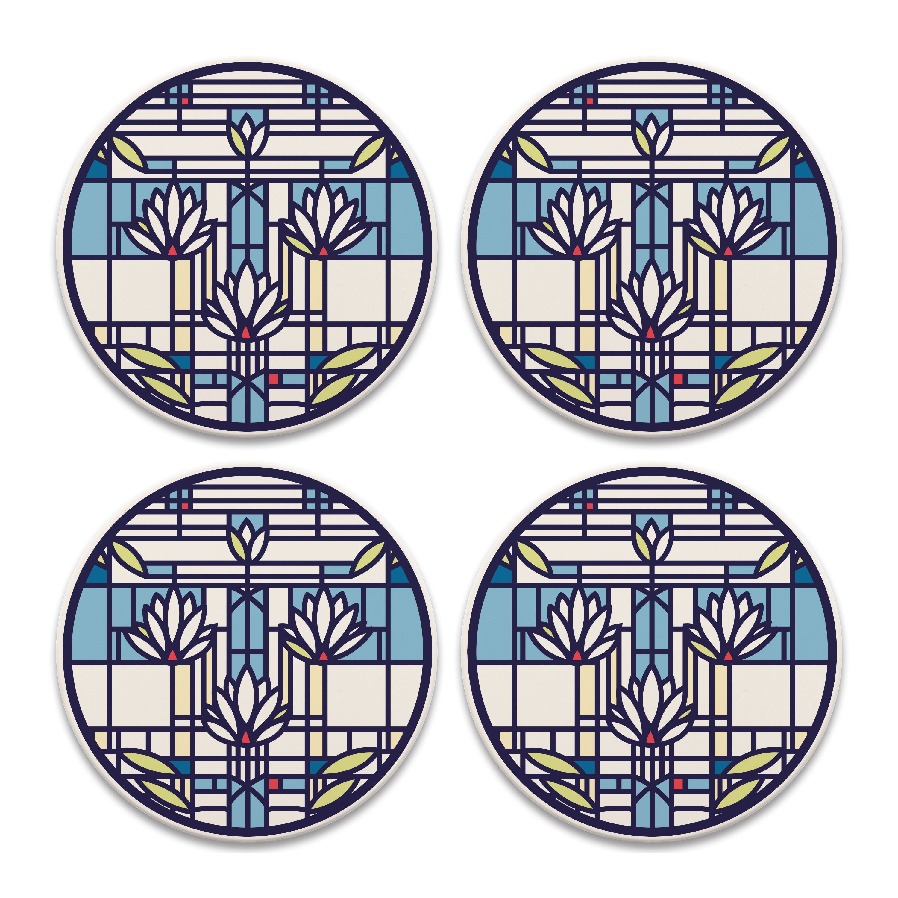 A set of four round stone coasters with a geometric waterlilies pattern and cork backing.