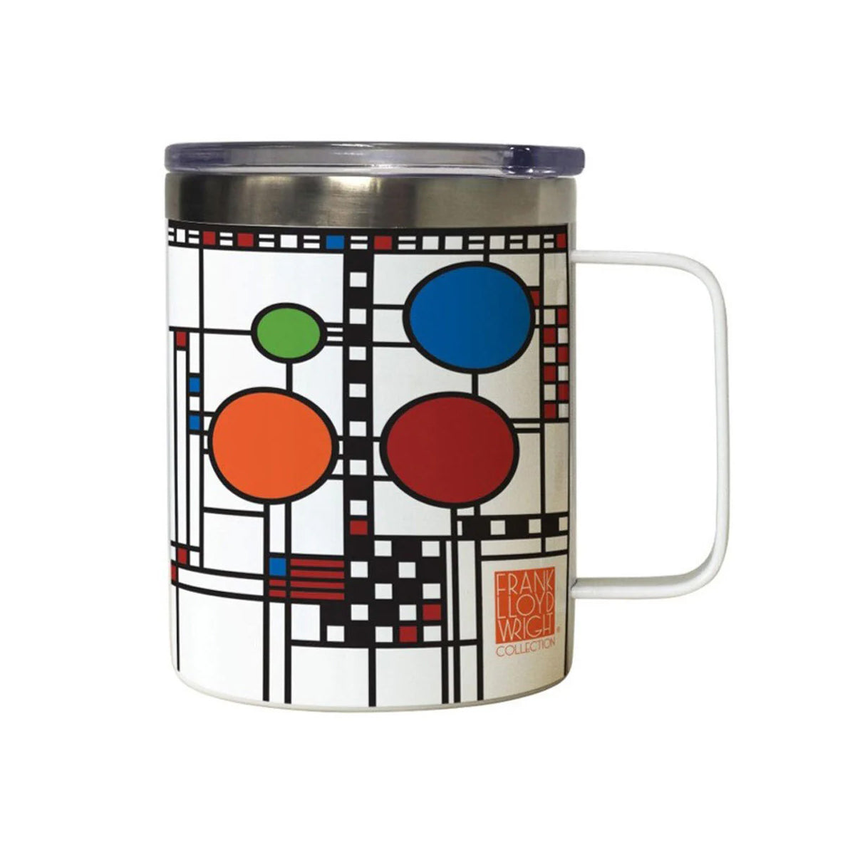 A colorful geometric patterned mug with a stainless steel lid, featuring a design inspired by Frank Lloyd Wright's art glass window.