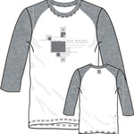 A raglan sleeve t-shirt with a geometric pattern in heather gray and white colors featuring Frank Lloyd Wright's design.