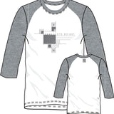 A raglan sleeve t-shirt with a geometric pattern in heather gray and white colors featuring Frank Lloyd Wright's design.